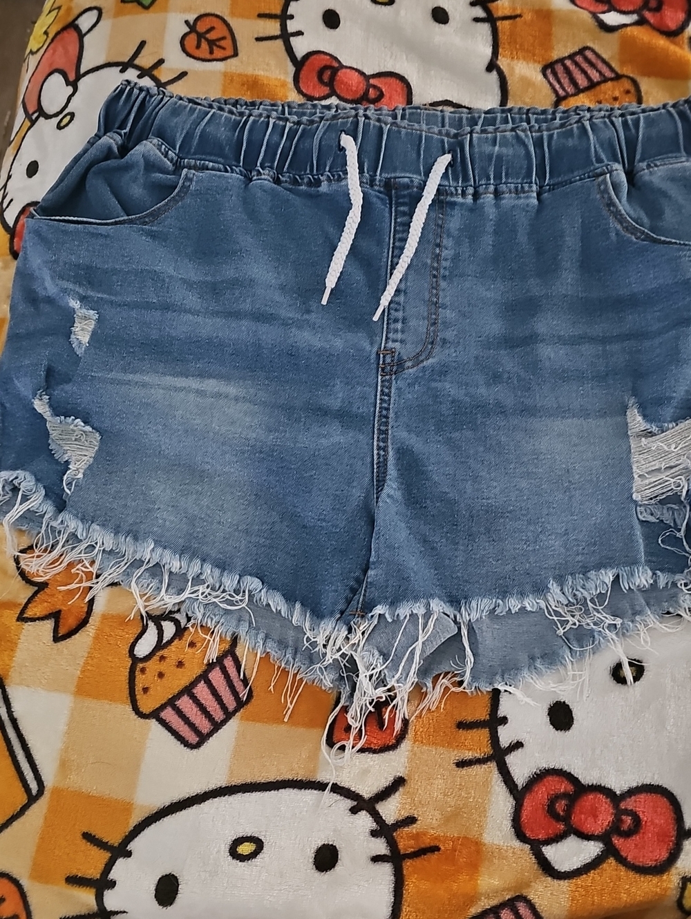 SHEIN Blue Distressed Denim Drawstring Jean Shorts
